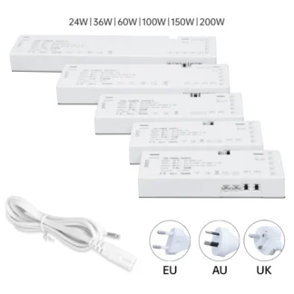 AC 220V to DC12V/24V LED Cabinet Light Power Supply 24W-200W EU/AU/UK Plug for Closet/Wardrobe/Light Strip with DuPont Port