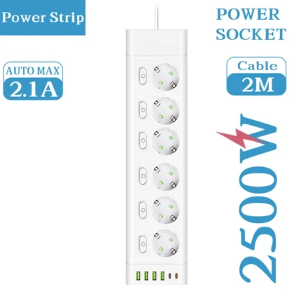 EU Plug Power Strip Multiple Independent Control Outlet Sockets 2m Extension Cord Electrical Socket with 4 USB 2 Type-C Ports - Image 9