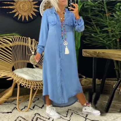 Women's L-5XL Plus Size  Fashion Long Dress Long Sleeve Shirt Dress Women's Denim Long Dress Pocket Button Shirt Casual Loose - Image 10