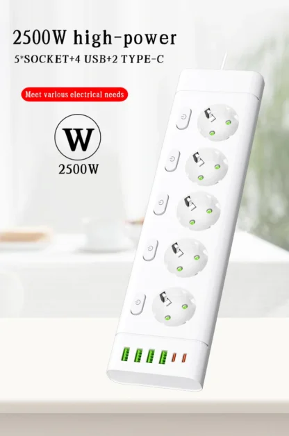 EU Plug Power Strip Multiple Independent Control Outlet Sockets 2m Extension Cord Electrical Socket with 4 USB 2 Type-C Ports - Image 18