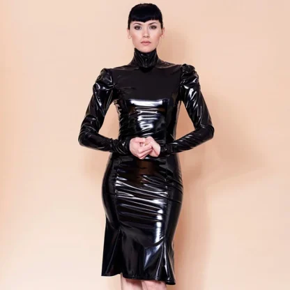 Women Black Shiny Faux Leather Plus Size Mid Dresses Fashion Ladies Long Glossy PU Dress New Casual Hot Party Clubwear Dress - Image 5
