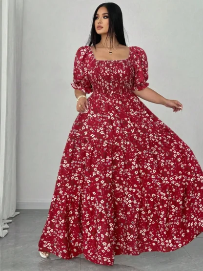 Plus Size Floral Casual Dress for Women, Fitted Woven Fabric, Comfortable for Spring & Fall, Fashion