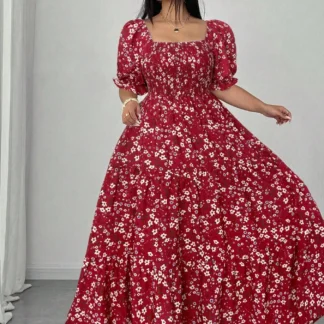 Plus Size Floral Casual Dress for Women, Fitted Woven Fabric, Comfortable for Spring & Fall, Fashion