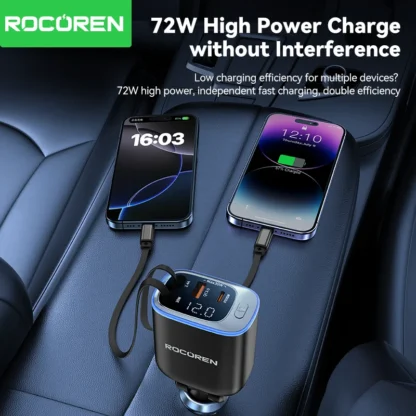 Rocoren 4 IN 1 Retractable Car Charger Mobile Phone 2C+L+A For iPhone Fast Charge Cord for iPhone 16 15 14 13 12 Samsung Xiaomi - Image 3