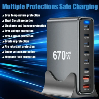 670W GaN Charger 6 In 1 Desktop Charging Station 140W PD3.1 PD USB Charger For MacBook iPhone Samsung Huawei Xiaomi Fast Charger - Image 2