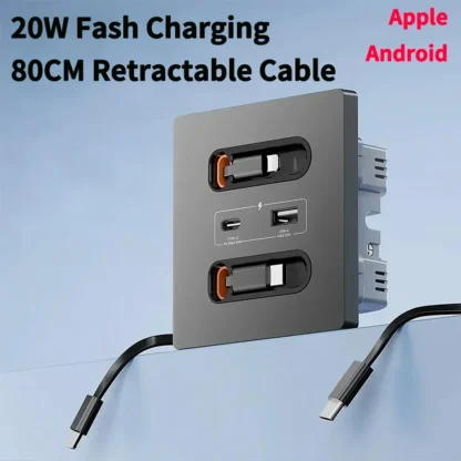 ​​Space-Saving Wall Socket with 80CM Retractable USB Cable | 20W Fast Charge for iPhone 15 Pro/Android Phones​