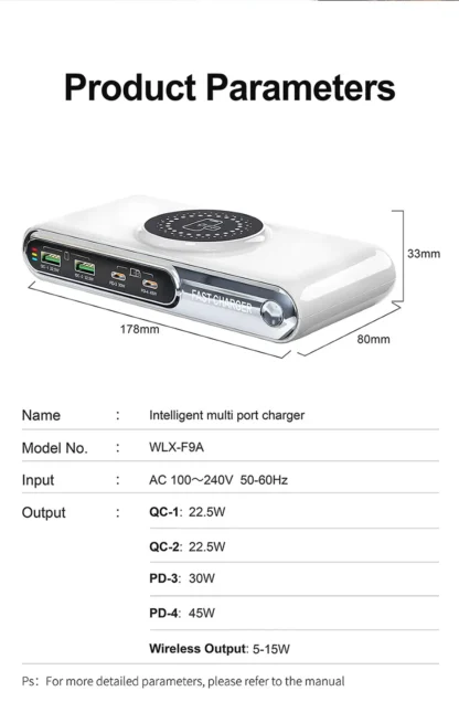 5-in-1 USB C Charger Station with LED Colour Nighting 72W 4-Ports Magnetic Wireless Charging Station PD45W Fast Charger F9A - Image 22