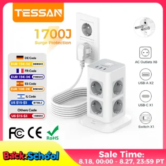 TESSAN Tower Power Strip Multi Outlets with USB A +1 Type C 2M Extension Cable EU Plug Vertical Electric Socket Surge Protection