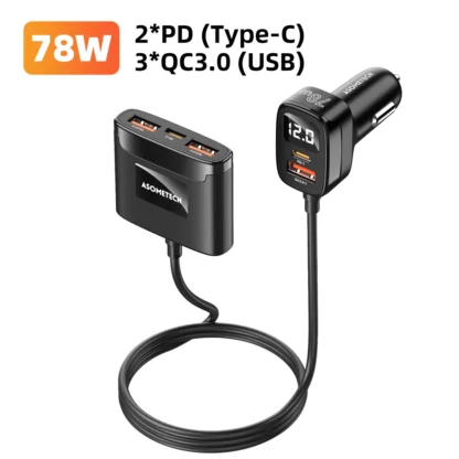 ASOMETECH 5 Port USB Car Charger 78W SCP PPS AFC USB Type C Fast Charging For iPhone 14 13 Pro Huawei Xiaomi Samsung S22 Ultra - Image 7