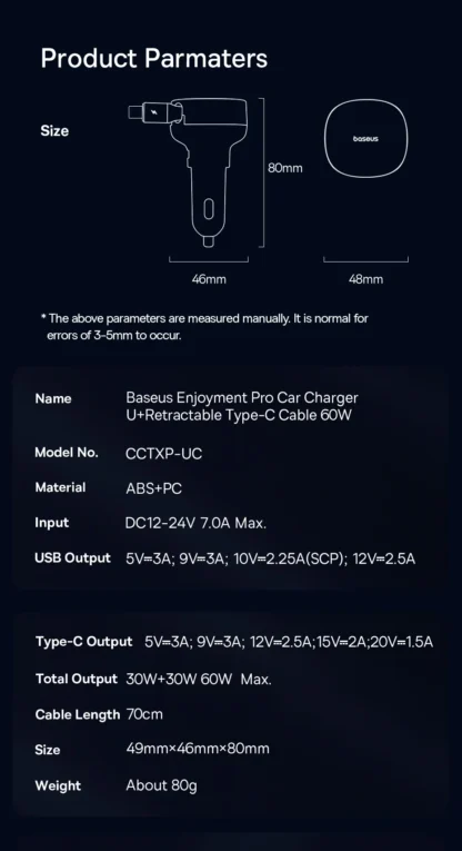 Baseus 60W Car Charger 2 in 1 Retractable Cable SCP 25W QC PD 30W Fast Car Phone Charger For iPad iPhone 16 15 14 13 Pro Samsung - Image 31