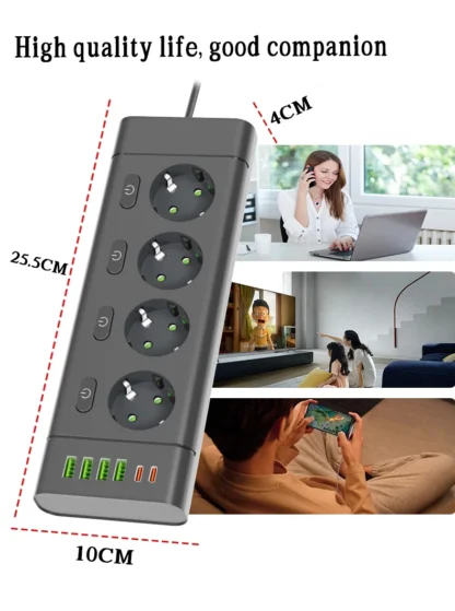 EU Plug Power Strip Multiple Independent Control Outlet Sockets 2m Extension Cord Electrical Socket with 4 USB 2 Type-C Ports - Image 24
