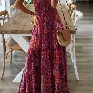 Plus-size Europe and the United States cross-border  new slip long skirt high-waisted V-neck printed floral dress
