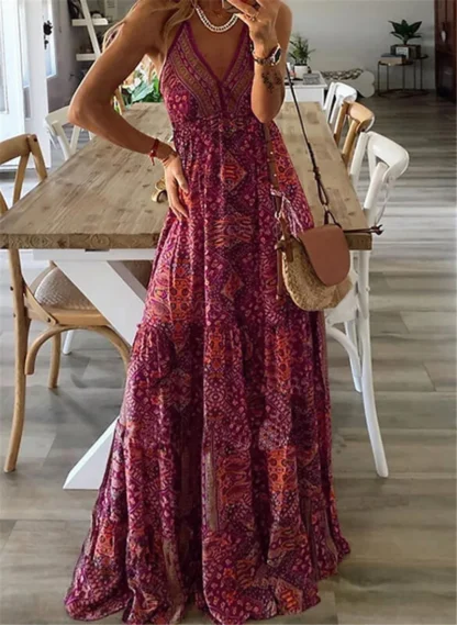 Plus-size Europe and the United States cross-border  new slip long skirt high-waisted V-neck printed floral dress
