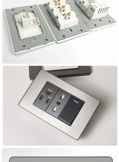 118 US Mexico Grey Stainless Steel Brushed 2way Electrical Light Switch Home Wall Socket Plug Double USB Type-C Power Outlet - Image 31