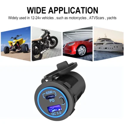 83W Laptop Car Charger Socket 12V USB Outlet 65W PD USB-C Car Charger and 18W QC3.0 USB with Power Switch Waterproof for RV Car - Image 12
