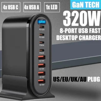 320W GaN Charger Multiple Ports Desktop Charging Station PD3.0 QC USB Type C Fast Charge For iPhone 14/Samsung s24/iPad/Xiaomi