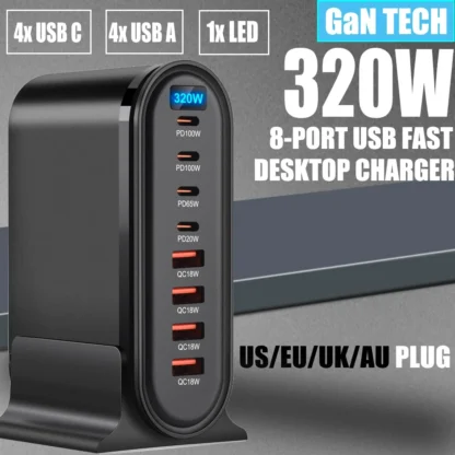 320W GaN Charger Multiple Ports Desktop Charging Station PD3.0 QC USB Type C Fast Charge For iPhone 14/Samsung s24/iPad/Xiaomi