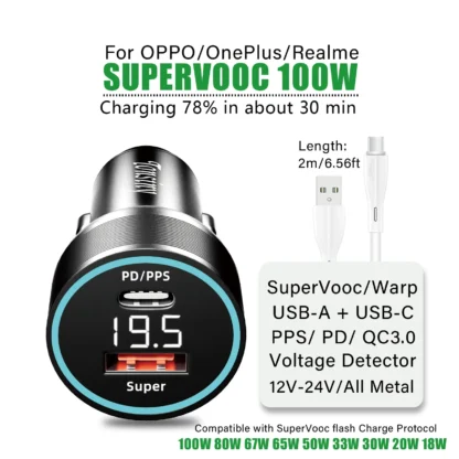 For OPPO car charger SuperVooc 100W, Cigarette Lighter plug for OPPO Find X7 Reno8,12V Usb for realme oneplus charger warp 80w - Image 9