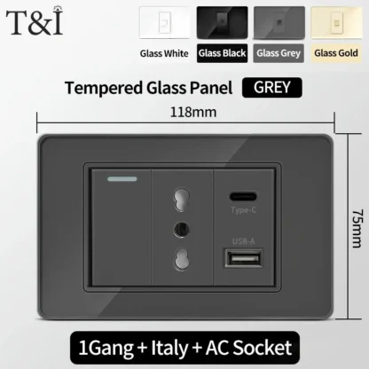 Gray Tempered Glass Italian Standard Wall Switch Socket 118x75mm with USB Type-C Outlet Fast Charging for Home Office Kitchen - Image 22