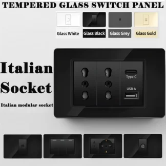 Chile Dual USB Type-C 20W Fast Charging 16A Wall SocketSeries Italy Standard Black Tempered Glass for Kitchen Home Office