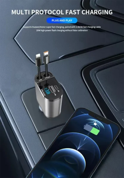 120W Retractable Car Charger 4 in 1 with Voltage Display Super Fast Car Charge Retractable Cord 2.6 Ft for iPhone OPPO Samsung - Image 11