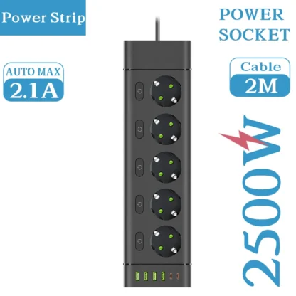 EU Plug Power Strip Multiple Independent Control Outlet Sockets 2m Extension Cord Electrical Socket with 4 USB 2 Type-C Ports - Image 10