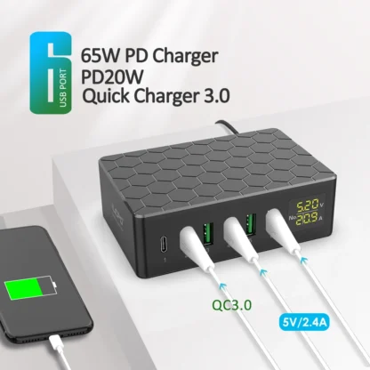 USB Charger 6 Ports HUB 65W Universal Wall Desktop Fast Charging Station Dock for Mobile Phone Power Adapter with LED Displayer - Image 10