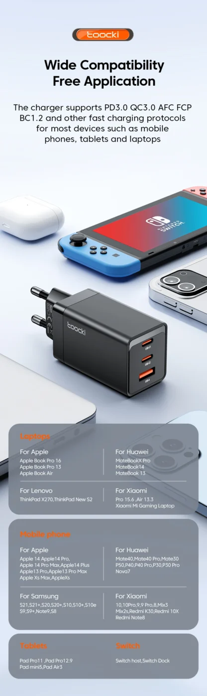 Toocki GaN 67W USB C Charger 3 Ports QC Fast Charging Wall Adapter Type C Charger UK/US Plug for iPhone 15 Samsung Huawei OPPO - Image 16
