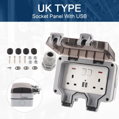 IP66 Waterproof Outdoor Box Wall Socket 13A Double Switch Power Outlet Universal / UK With USB Charging Port DIY GO - Image 11