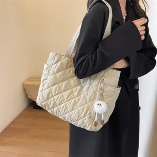 Fashion New Ins Cotton Clothing Bag for Women New Diamond Grid Large Capacity Hand-held Tote Bag Commuting Shopping Shoulder Bag
