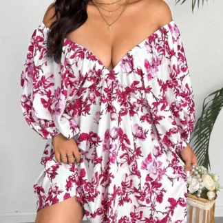 Plus Size V-Neck Romantic Floral Print Resort Dress with Small Flowers Elegant Suitable for Travel