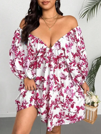 Plus Size V-Neck Romantic Floral Print Resort Dress with Small Flowers Elegant Suitable for Travel