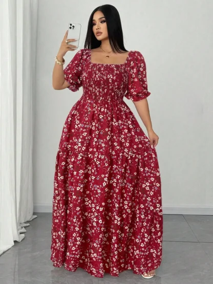 Plus Size Floral Casual Dress for Women, Fitted Woven Fabric, Comfortable for Spring & Fall, Fashion - Image 5