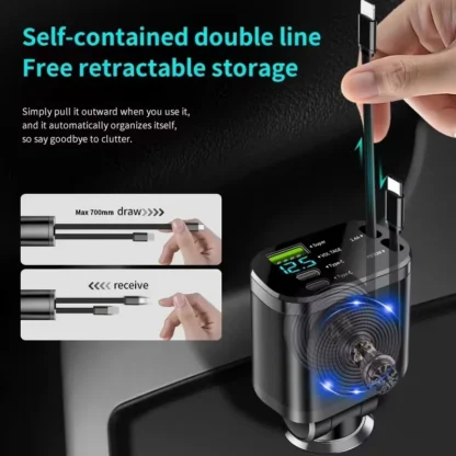 UYUXIO Retractable USB C Car Charger 66W Super Fast Charging Adapter with Cable Voltage Display for iPhone 16 15 14 13 Samsung - Image 3