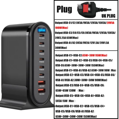 500W GaN Charger Multi-port Desktop Charging Station For Laptops Tablets USB Type C Fast Charge For iPhone 15/Samsung/iPad Pro - Image 10