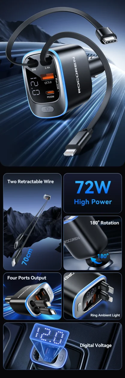 Rocoren 4 IN 1 Retractable Car Charger Mobile Phone 2C+L+A For iPhone Fast Charge Cord for iPhone 16 15 14 13 12 Samsung Xiaomi - Image 9