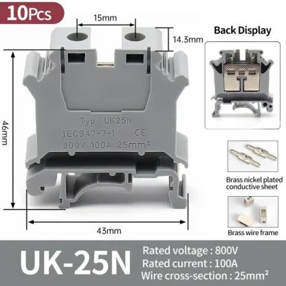 High Quality UK Terminals Screw Clamp Connector for Wiring,Brass DIN Rail Connector, UK1.5N/2.5B/3N/5N/6N/10N/16N/25N/35N/50N - Image 11