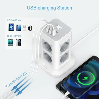 TESSAN Tower Power Strip Multi Outlets with USB A +1 Type C 2M Extension Cable EU Plug Vertical Electric Socket Surge Protection - Image 3