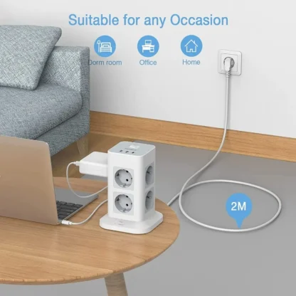 TESSAN Tower Power Strip Multi Outlets with USB A +1 Type C 2M Extension Cable EU Plug Vertical Electric Socket Surge Protection - Image 17