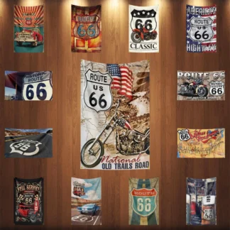 3X5Ft U.S. Route 66 Motorcycle Flag Polyester Digital Printing Car Banner For Decor