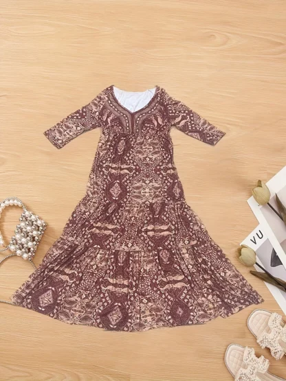 plus-size European and American cross-border  bohemian cropped sleeve high-waisted V-neck printed dress - Image 10