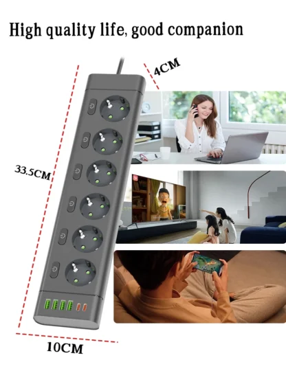 EU Plug Power Strip Multiple Independent Control Outlet Sockets 2m Extension Cord Electrical Socket with 4 USB 2 Type-C Ports - Image 26