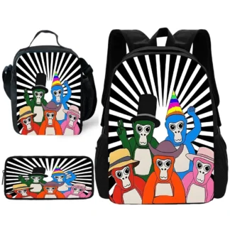 Child School  Cartoon Gorilla Tag Party Time Backpack with Lunch Bags ,Pencil Bags ,School Bags for Boys Girls Best Gift