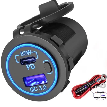 83W Laptop Car Charger Socket 12V USB Outlet 65W PD USB-C Car Charger and 18W QC3.0 USB with Power Switch Waterproof for RV Car - Image 9