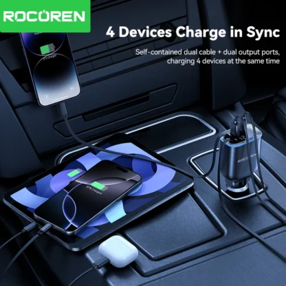 Rocoren 4 IN 1 Retractable Car Charger Mobile Phone 2C+L+A For iPhone Fast Charge Cord for iPhone 16 15 14 13 12 Samsung Xiaomi - Image 5