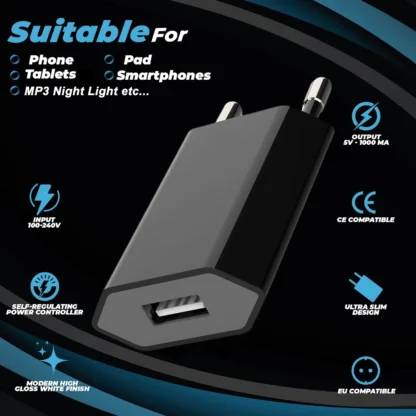 3/5/10pcs USB Power Plug 5V 1A Charger Travel Wall Charging Charger  Power Adapter USB AC EU Plug (Black) for Phone - Image 3