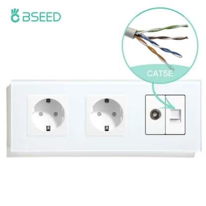 BSEED Single TV CAT5 Internet Socket Double EU Power Socket Triple Germany  With RJ45 Television Wall Sockets Glass Frame - Image 11