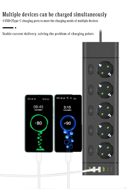 EU Plug Power Strip Multiple Independent Control Outlet Sockets 2m Extension Cord Electrical Socket with 4 USB 2 Type-C Ports - Image 17