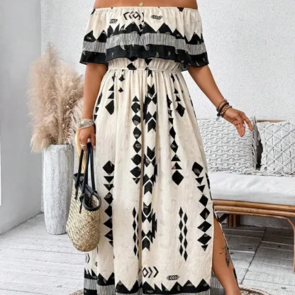 【Plus Size】 Patchwork Print Off Shoulder Dress, Casual Fashion Long Sleeve Dress for Daily Outdoor Wear, Women Plus Clothing for - Image 6