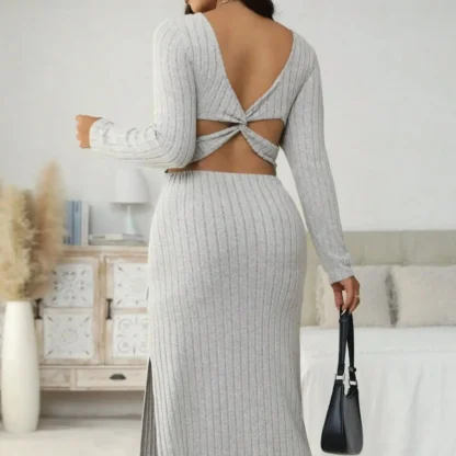 【Plus Size】 Cut Out Twist Split Hem Bodycon Dress, Casual Long Sleeve Square Neck Dress for Fall & Winter, Women's Clothes for D - Image 4